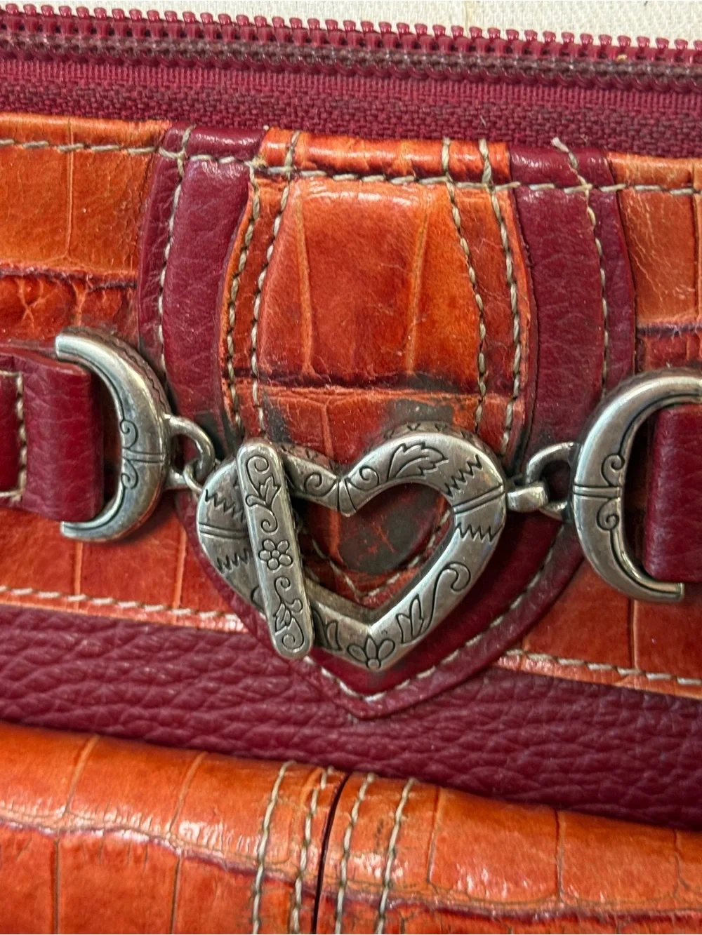 Brighton Leather Crossbody Wallet Bag Heart Buckle Croc Embossed